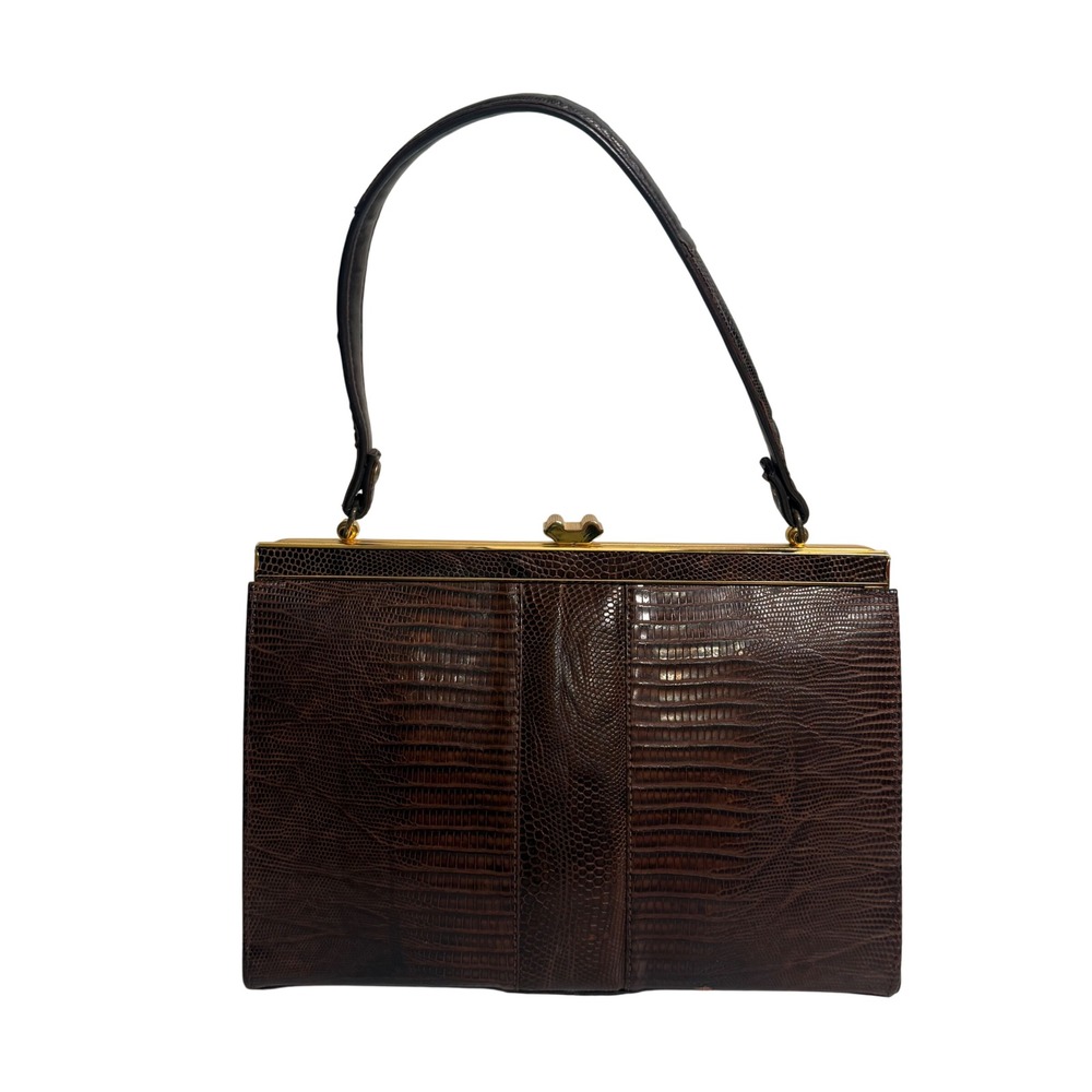 Vintage Lizard Embossed Leather Satchel Bag Brown Medium Gold Frame Quiet Luxury
